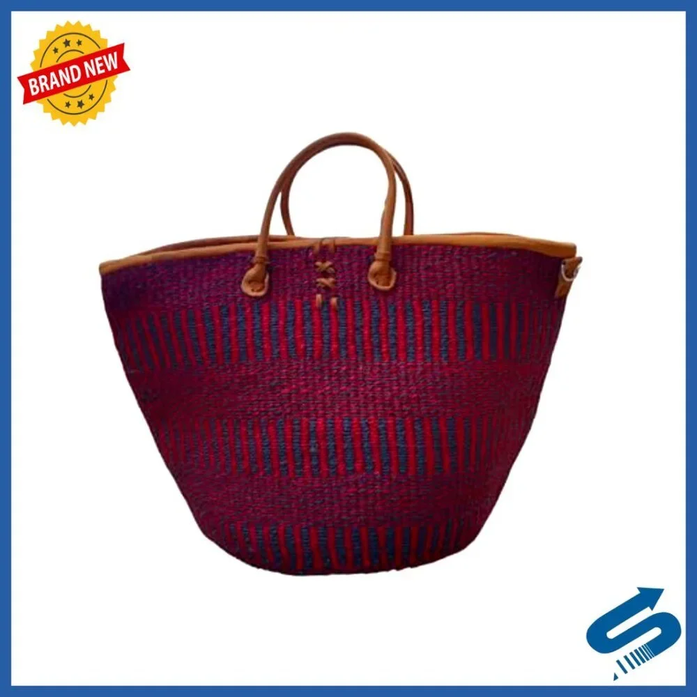 Handwoven Sisal Tote Bag Leather Handles Button Closure Boho Summer Beach Purse